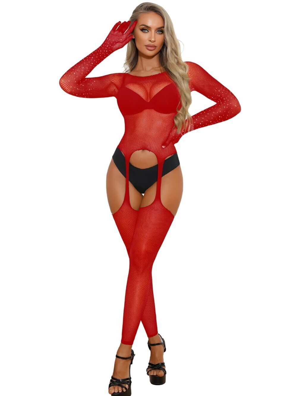 8692 Sexy Fishnet Bodysuit, Rhinestone Long Sleeve With Glove Lingerie Body